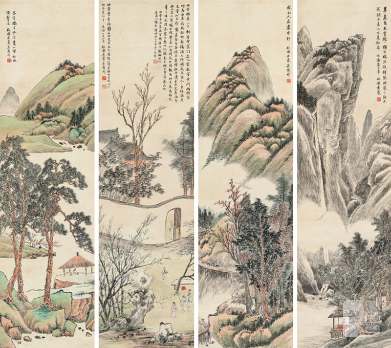 吴谷祥 1848-1903 山水四屏